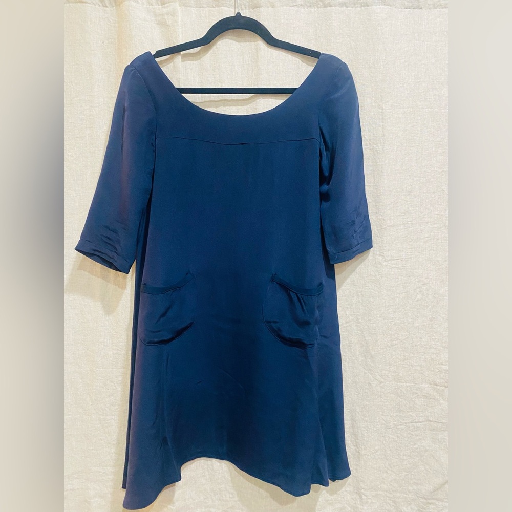 100% Silk Navy Blue Swing Dress, Size S